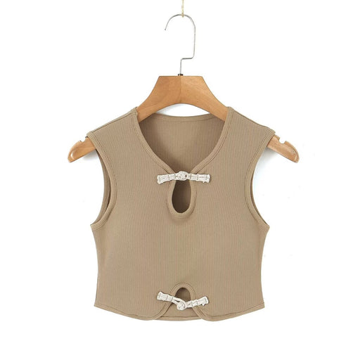 Autumn National Sexy Retro Buckle Casual Top Sexy Short Sleeveless Vest-Khaki-Fancey Boutique