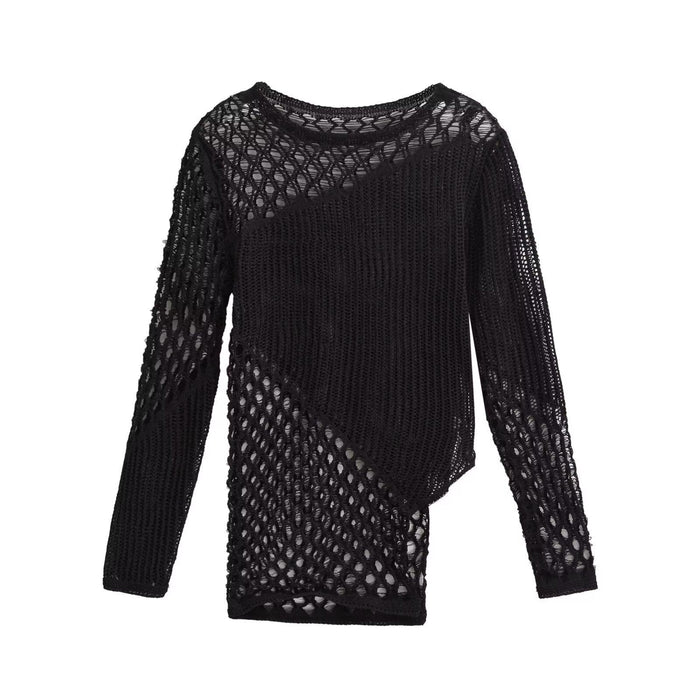 Color-Black-Autumn Women Asymmetric Hem Round Neck Hollow Out Cutout Sweater Sweater-Fancey Boutique