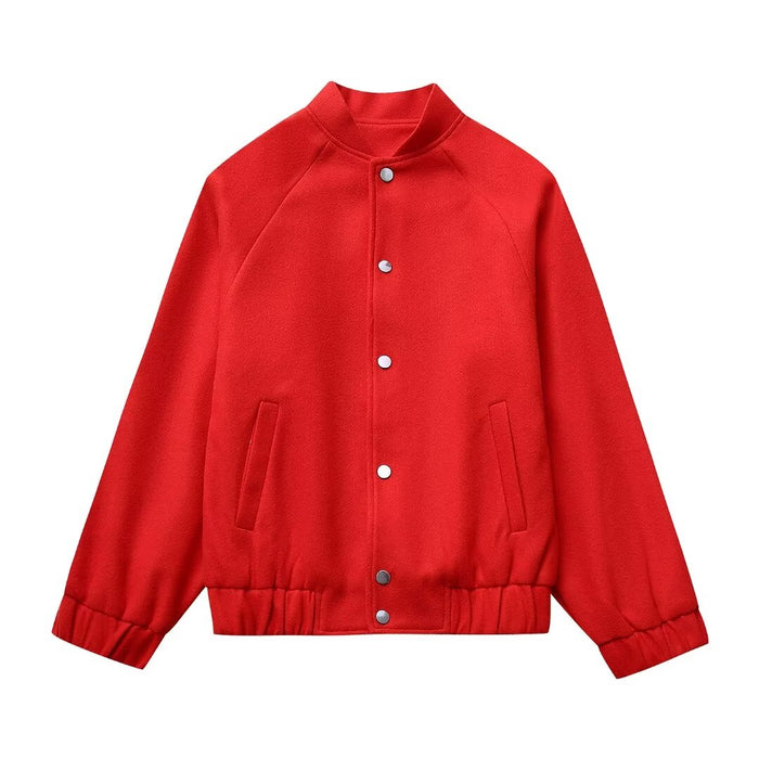 Women Clothing Spring Solid Color Wool Varsity Jacket-Red-Fancey Boutique