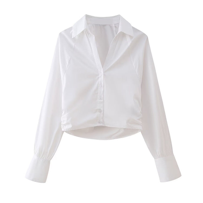 Winter Women Clothing Fashionable Pleated Short Poplin Shirt-White-Fancey Boutique