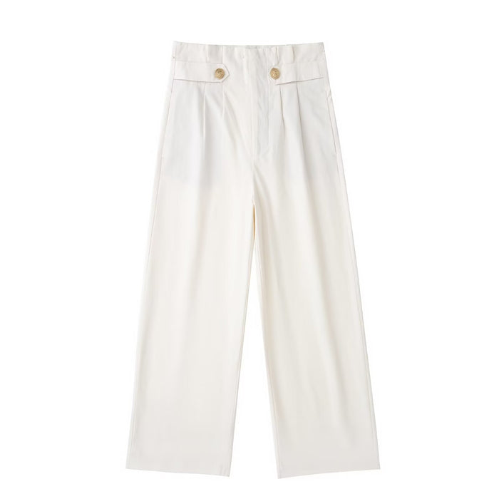 Color-White-Strap Decorative Straight Leg Pants Autumn High Waist Slimming Casual Pants Small Draped Mop Trousers Women-Fancey Boutique