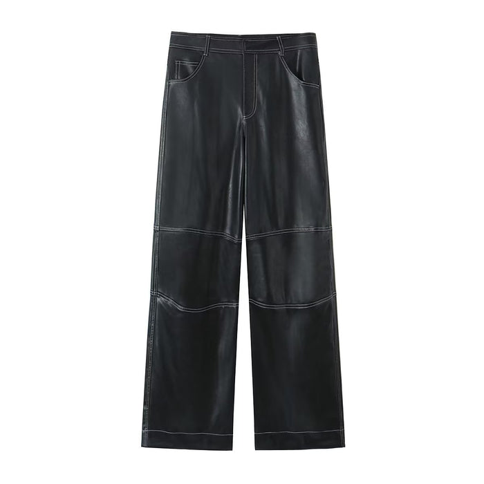Color-Black-Fall Women Clothing High Waist Decorative Faux Leather Pants Trousers-Fancey Boutique