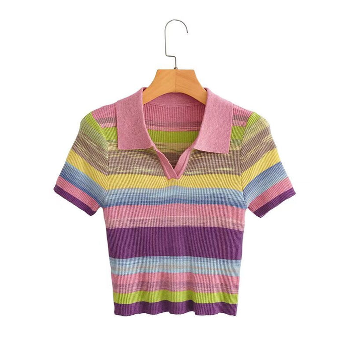 Color-Pink-Women Stripes Knitted Short Sleeved Shirt-Fancey Boutique