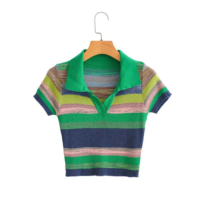 Color-Green-Women Stripes Knitted Short Sleeved Shirt-Fancey Boutique