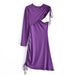 Color-Winter Elegant round Neck One Sleeve Purple Lace up Irregular Asymmetric Dress Women-Fancey Boutique