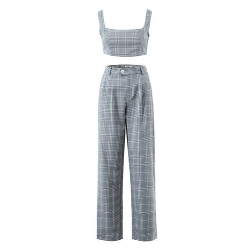 Color-Grey-Women Urban Plaid Suspender Trousers Two Piece Suit-Fancey Boutique