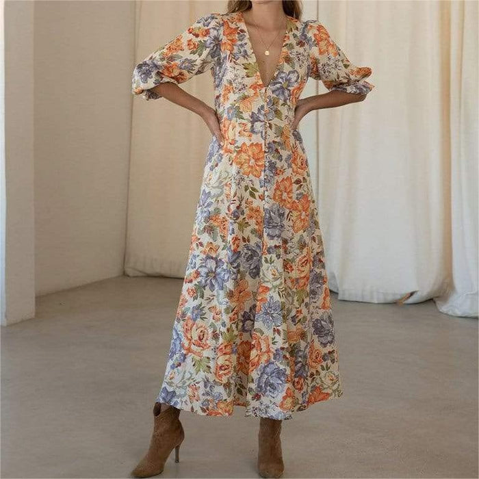 Color-French Royal Colorful Floral V Neck Tight Waist Puff Sleeve Floral Dress-Fancey Boutique