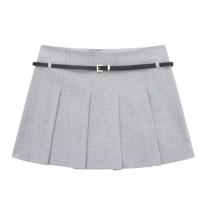 Color-Gray-Spring Women Clothing With Belt Wide Pleated Culottes-Fancey Boutique
