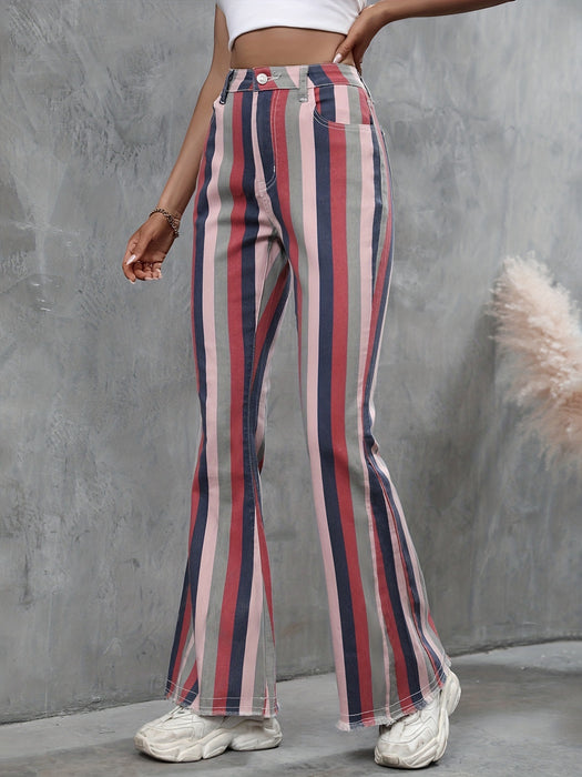 Spring Summer Striped Skinny Raw Edge Denim Casual Trousers Women-Multi-Fancey Boutique