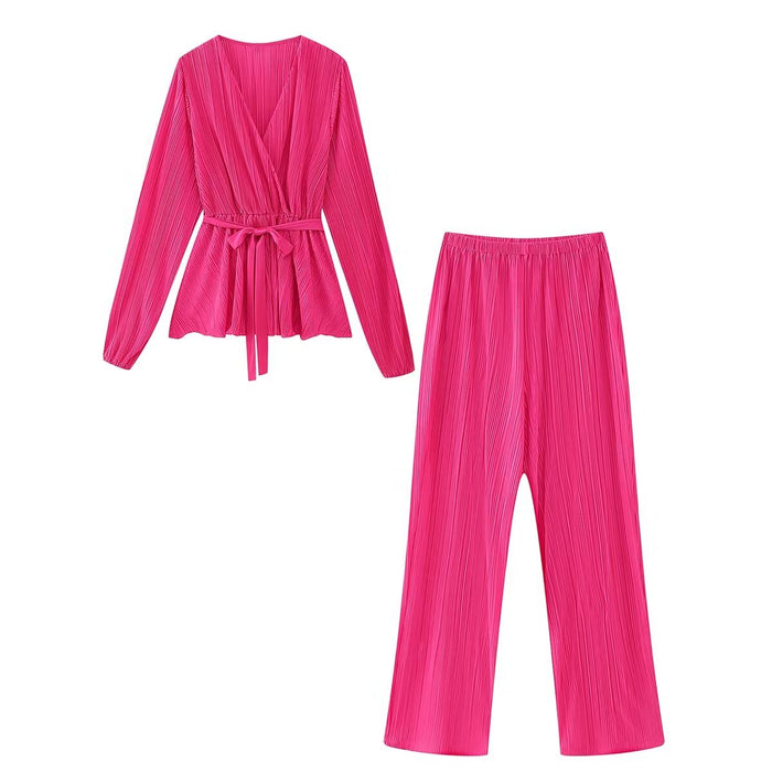 Color-Multi-Spring Autumn V neck Lace up Waist Trimming Shirt High Waist Slimming Wide Leg Pants Suit for Women-Fancey Boutique
