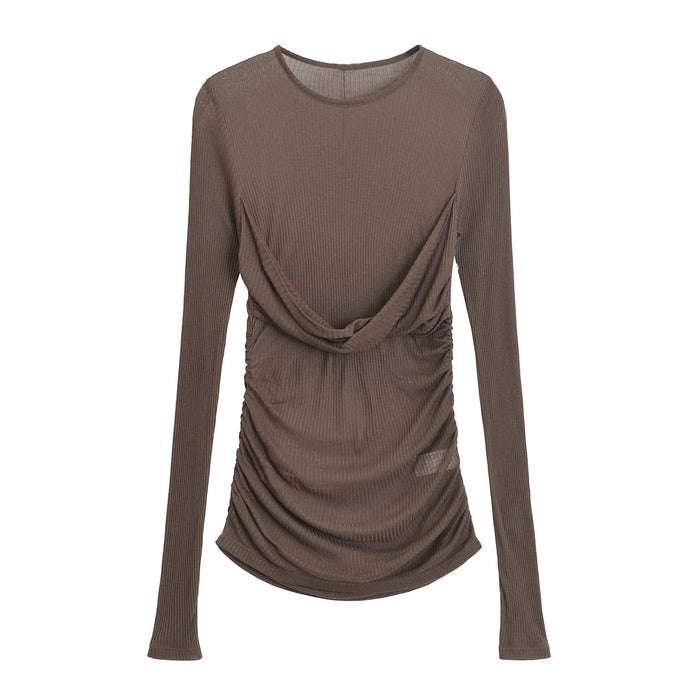 Color-Brown-Winter Women Clothing Fashionable Pleated Rib Translucent T Shirt-Fancey Boutique