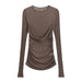 Color-Brown-Winter Women Clothing Fashionable Pleated Rib Translucent T Shirt-Fancey Boutique
