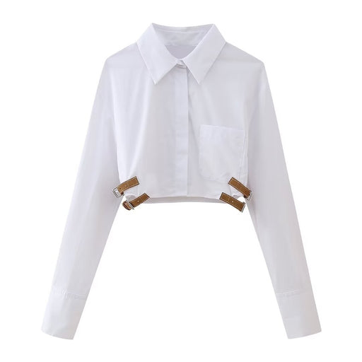 Waistband Polo Collar High Waist Cropped Long Sleeve Shirt Spring Loose Sexy Top-White-Fancey Boutique