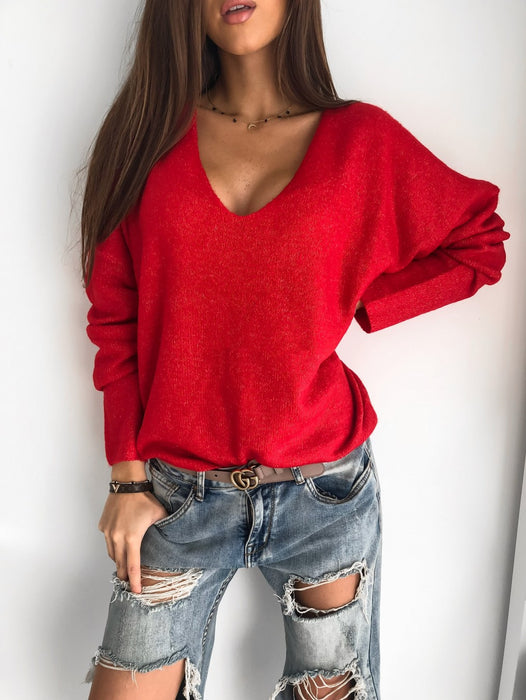 Color-Red-Minimalist Candy Color V-neck Pullover Sweater-Fancey Boutique