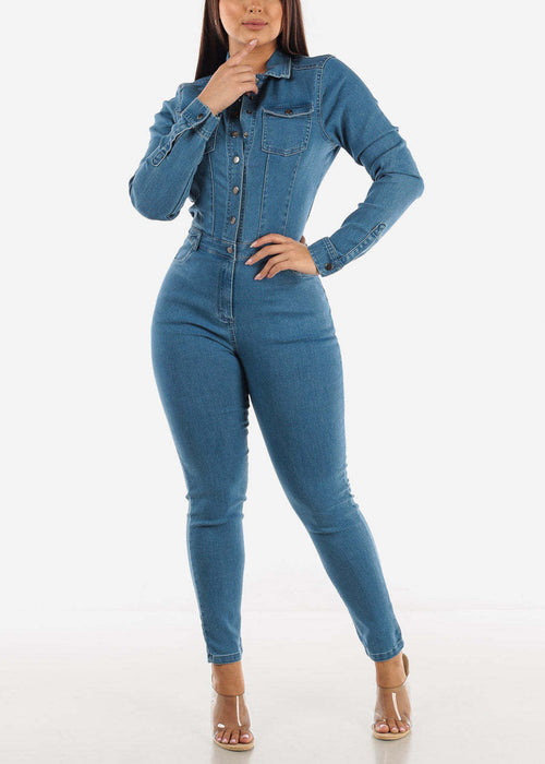 Color-Light Blue-Slim Fit Stretch Long Sleeve Feet Mouth Wash Denim Jumpsuit Jumpsuit-Fancey Boutique