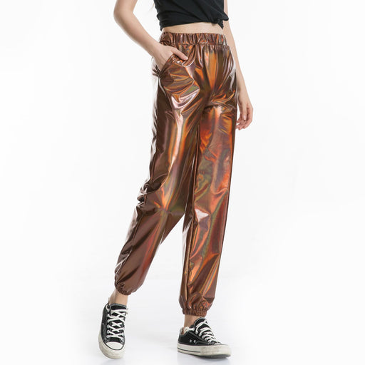 Color-Coffee-Casual Sports Street Hip Hop Party Shiny Colorful Trousers Hologram Laser Loose Women Pants-Fancey Boutique