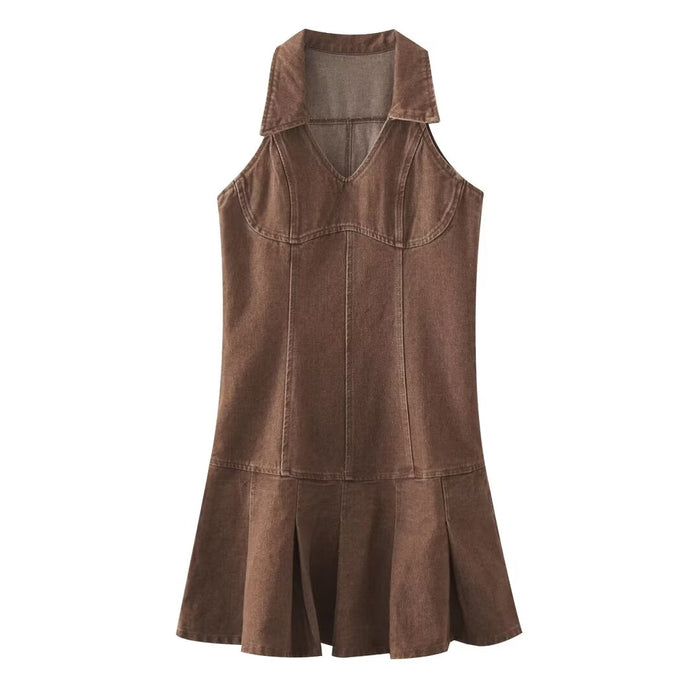 Color-Brown-Summer Women Clothes Sexy Pleated Denim Dress-Fancey Boutique