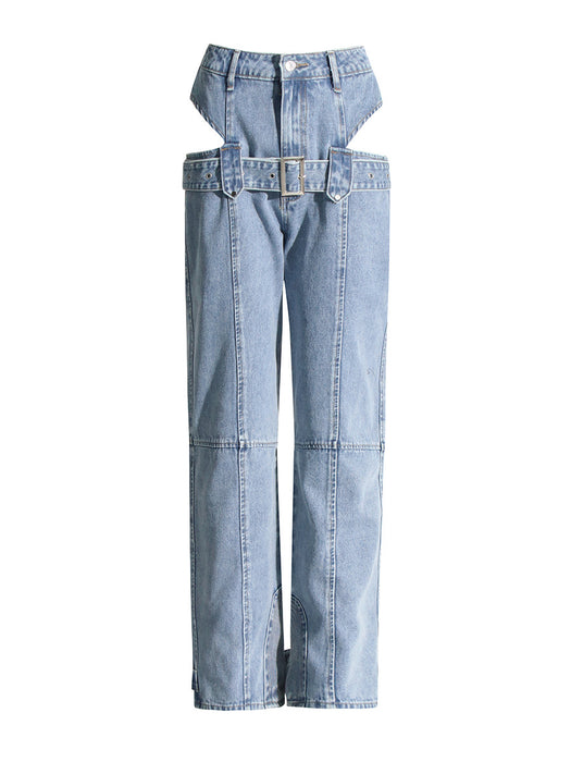 Spring Cropped Outfit Straight Leg Pants Design Overalls Trousers Washed Jeans Women-light blue-Fancey Boutique