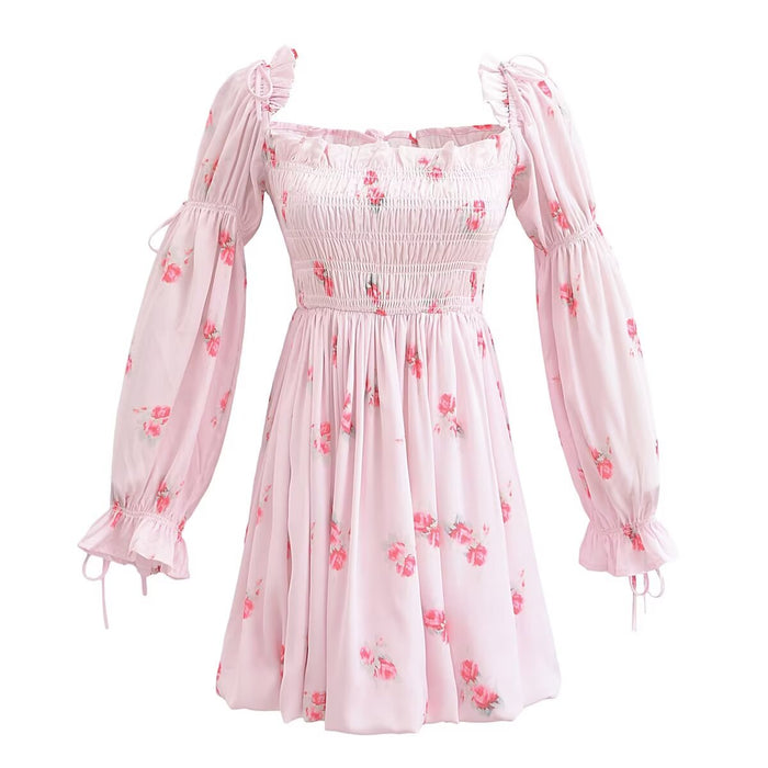 Color-Pink-Spring Casual Holiday Floral Print Puff Sleeve Bow Tie Elastic Princess Dress-Fancey Boutique