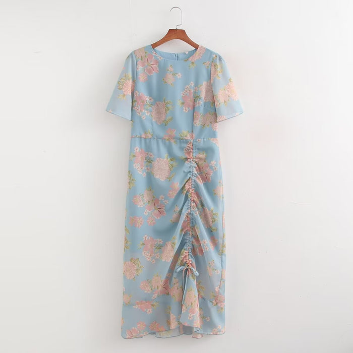 Color-Blue-Autumn French Mid Length Flounced Floral Printed Dress-Fancey Boutique