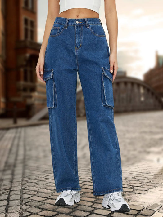 Work Clothes Jeans Blue Washed High Waist Straight-Leg Denim Trousers Women Jeans-Fancey Boutique