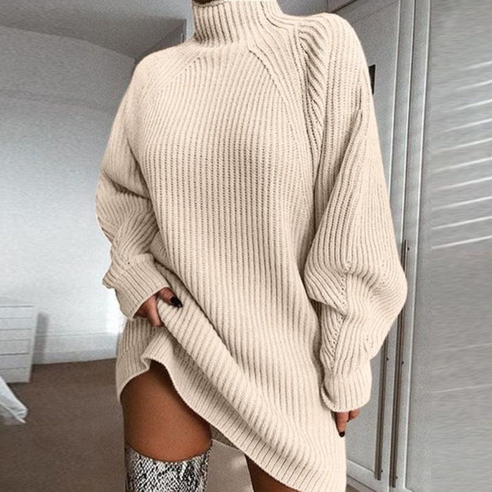 Color-Apricot-202020 Autumn Winter Popular Knitwear Mid-Length Raglan Sleeve Mock Neck Sweater Dress-Fancey Boutique