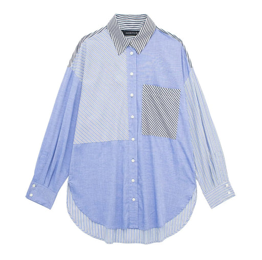 Women Spring Autumn Patchwork Striped Poplin Shirt Korean Loose Shacket-Blue-Fancey Boutique