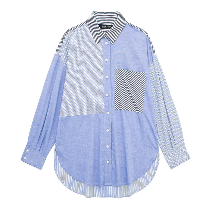 Women Spring Autumn Patchwork Striped Poplin Shirt Korean Loose Shacket-Fancey Boutique