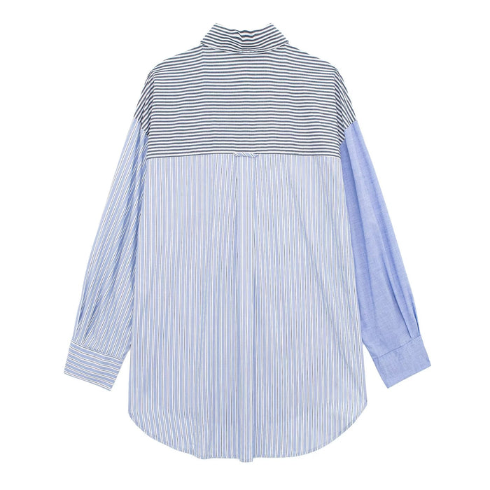 Women Spring Autumn Patchwork Striped Poplin Shirt Korean Loose Shacket-Fancey Boutique