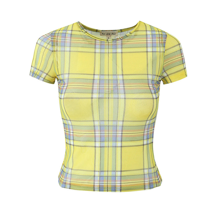 Color-Yellow-Summer Women Round Neck Yellow Grid High Elastic Mesh Printed T Shirt Top-Fancey Boutique