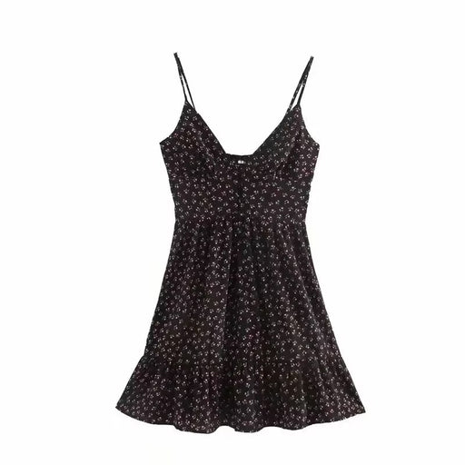 Color-Black-Summer Women Dress Fresh Floral Button Strap Dress Short-Fancey Boutique