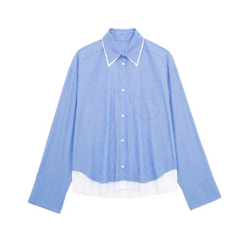 Blue Striped Stitching Long Sleeved Shirt Women Spring Korean Sexy Slim Fit Collared Slimming Shirt-Fancey Boutique