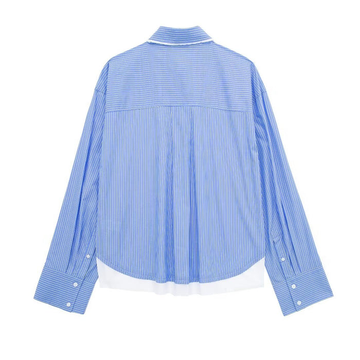 Blue Striped Stitching Long Sleeved Shirt Women Spring Korean Sexy Slim Fit Collared Slimming Shirt-Fancey Boutique