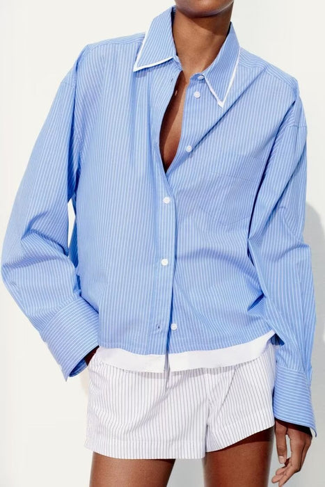 Blue Striped Stitching Long Sleeved Shirt Women Spring Korean Sexy Slim Fit Collared Slimming Shirt-Fancey Boutique