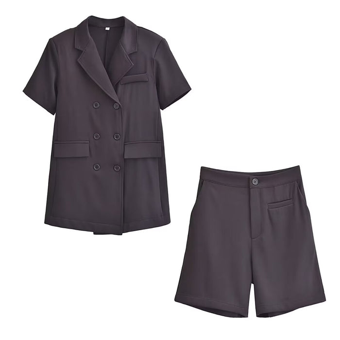 Color-Black-Korean Casual Suit Women Summer College Short Sleeve Blazer Small Shorts Two Piece Set-Fancey Boutique
