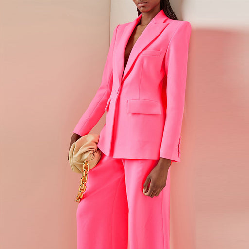 Color-Pink-Business Wear One Button Slim Blazer Bell Bottom Pants Suit Two Piece Suit-Fancey Boutique