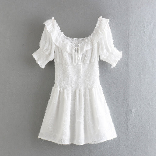 French Spring Summer Women Clothing Ruffled Tied off-the-Shoulder off-Neck Elastic Waist-Tightening Slim-Fit Short Dress-White-Fancey Boutique