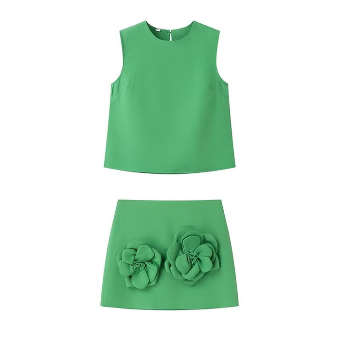 Color-Green Suit-Spring Women Clothing Sleeveless Vest Top Skirt Two Piece Set-Fancey Boutique
