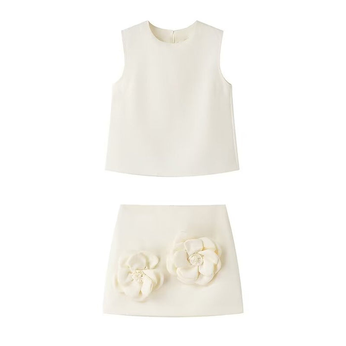 Color-Beige Suit-Spring Women Clothing Sleeveless Vest Top Skirt Two Piece Set-Fancey Boutique
