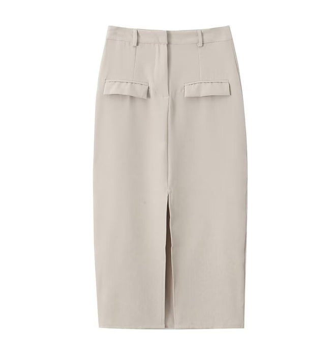 Color-Beige Skirt-Spring Solid Color Pullover Sleeveless Slim Top Pocket Split Skirt Set Women-Fancey Boutique