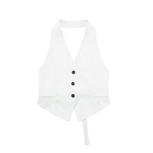 Women Clothing French Backless Hanging Collar Short Vest Top-White-Fancey Boutique