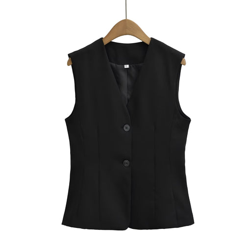 Pure Black Vest Autumn Vest Two Button V Neck Sleeveless Top-Black-Fancey Boutique