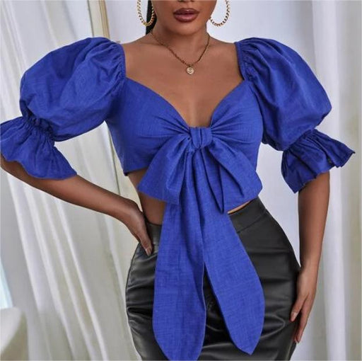 Color-Blue-Spring Summer Lace Up Linen Puff Sleeve Solid Color Sexy T Shirt Women-Fancey Boutique