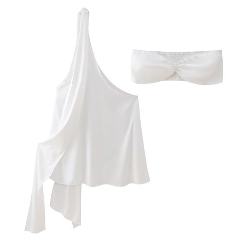 Spring Summer Women Clothing Dress Sexy Satin Slant Shoulder Mini Party Two Piece Dress-White-Fancey Boutique