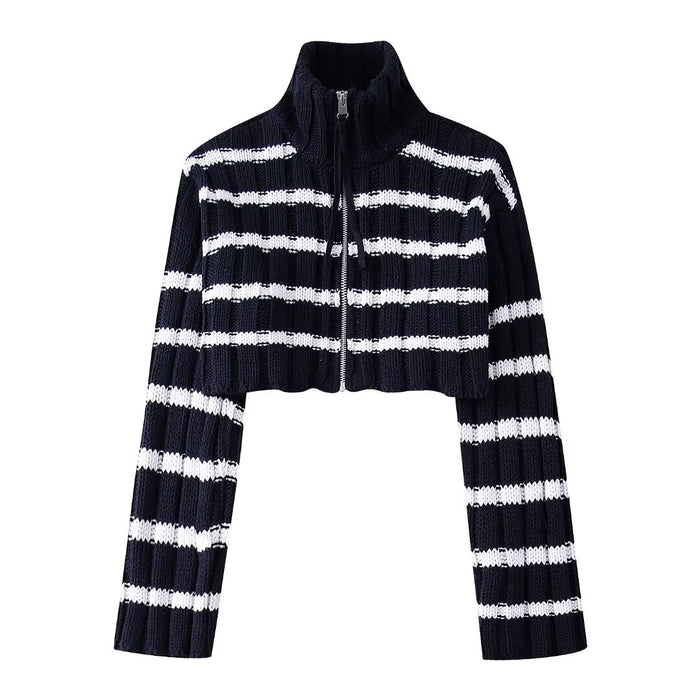 Spring Women Slim Stand Collar High Waist Short Striped Knitted Coat-Fancey Boutique