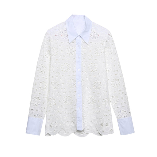 Color-White-Spring Collared Long Sleeve Buckle Embroidered Hollow Out Cutout Design Shirt Women-Fancey Boutique