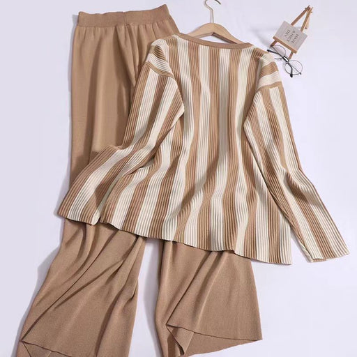 Color-Design Sense Vertical Stripe Round Neck Split Knit Top High Waist Wide Leg Pants Fashion Two piece Set-Fancey Boutique
