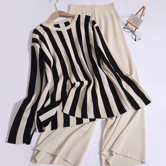 Color-Design Sense Vertical Stripe Round Neck Split Knit Top High Waist Wide Leg Pants Fashion Two piece Set-Fancey Boutique