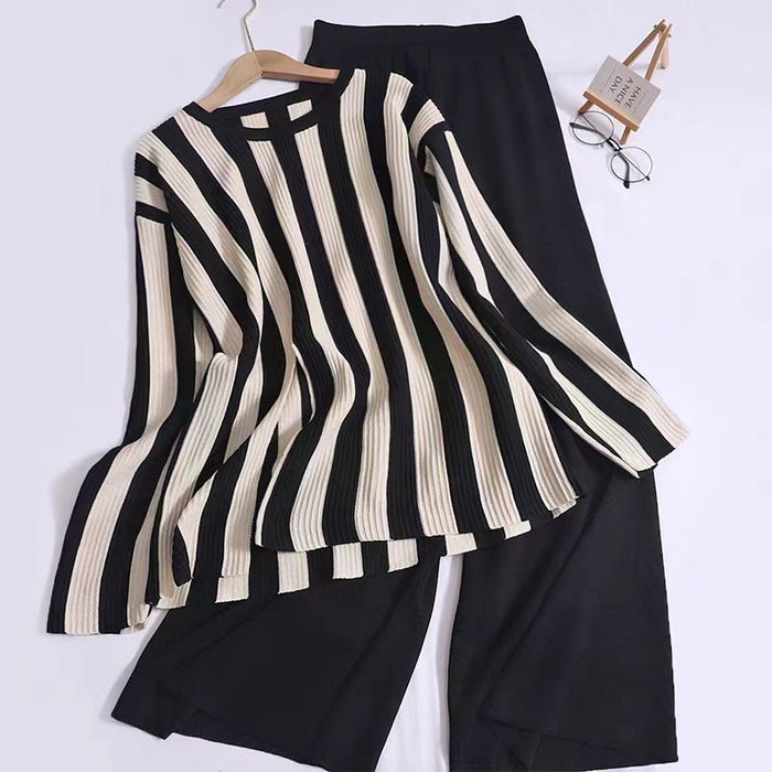 Color-Design Sense Vertical Stripe Round Neck Split Knit Top High Waist Wide Leg Pants Fashion Two piece Set-Fancey Boutique