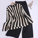 Color-Black-Design Sense Vertical Stripe Round Neck Split Knit Top High Waist Wide Leg Pants Fashion Two piece Set-Fancey Boutique